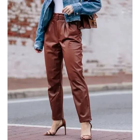 Abercrombie & Fitch Paperbag Belted Straight Leg Pants Faux Leather, Brown NWT - Picture 3 of 12